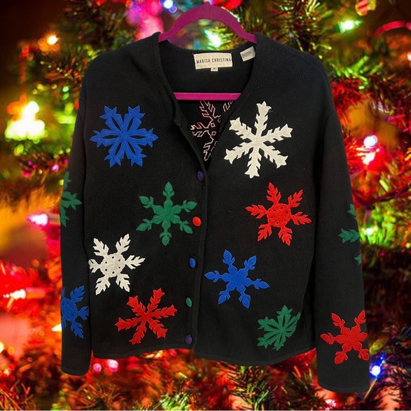 Marisa Christina Sweaters - Vintage Marisa Christina black cardigan sweater with colorful snowflakes